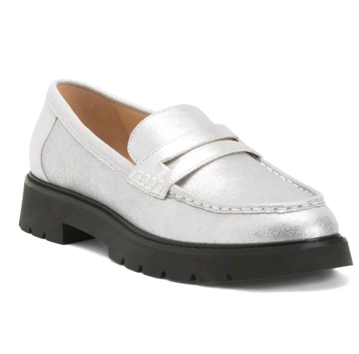 Mocasín Rebecca de cuero rebelde de lujo con punta redondeada en plata talla 7,5 M nuevo Foto 1 de 4