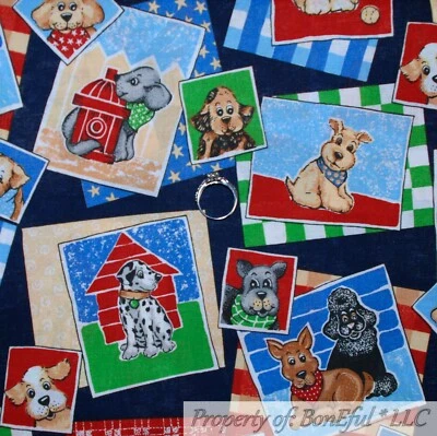 BonEful Fabric FQ Cotton Quilt Blue Red White American Puppy Dog House Summer US - Image 1 of 4