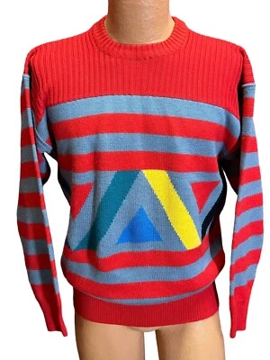 Mens Sz M Vtg 90s Sweater DEMETRE Wool Ski Abstract Stripe Geometric - Image 1 of 4