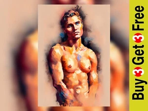 Nude painting of a muscular male model, print of original watercolour painting - Picture 1 of 8