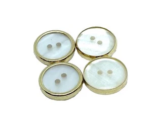 15mm X 10 Pcs Ivory Opalescent Round Lozenge 2 Hole Buttons W Gold Metal Edging - Picture 1 of 6