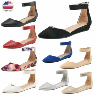 Women's Ballet Flat Ankle Strap Back Zipper Low Wedge Pointed Toe Dress Shoes - Picture 1 of 56