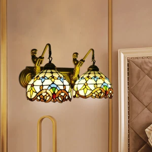 2 Light Tiffany Mermaid Vanity Fixture Wall Light Stained Glass Wall Sconce - Picture 1 of 10