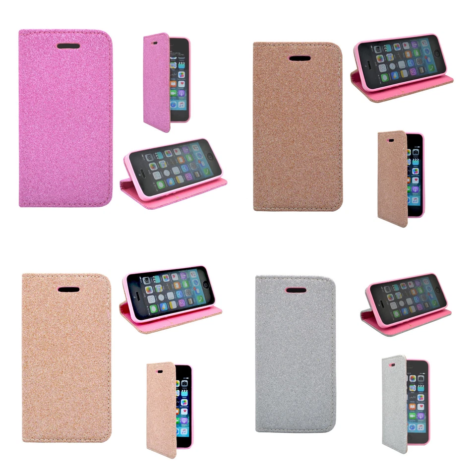 Case For Apple iPhone 5 5S SE Glitter Wallet Flip In Various Colours Pouch Cover - Image 1 of 4