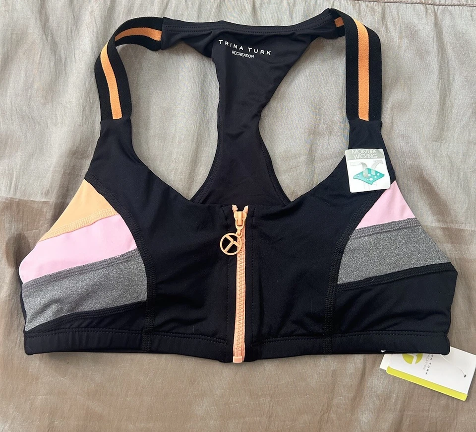 Sujetador deportivo Trina Turk Recreation nuevo con etiquetas para mujer talla L negro multicolor con cremallera frontal Foto 1 de 4