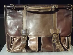 Kenneth Cole Reaction Brown Leather Briefcase Old School Multicompartment Brief - Picture 1 of 10