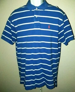 Vtg Polo Ralph Lauren Men Size L Blue/White Striped SS Pique Polo Shirt Red Pony - Picture 1 of 12