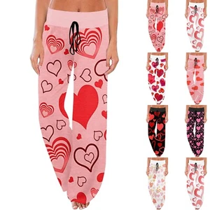 Women's Comfy Pajama Pants Pocket Valentine's Day Print Drawstring Wide Leg - Picture 1 of 33
