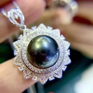 Gorgeous AAAAA 10-11mm south sea Black stud pearl pendant necklace 925s - Picture 1 of 6