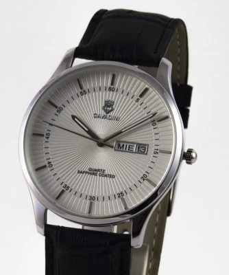 Herrenuhr Cavadini Edelstahl Tag Datum silber Strahlen guillochiert CV-4305 - Bild 1 von 4