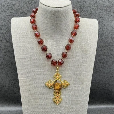 Collar Colgante Cruz Filigrana Tono Dorado Mujer Grueso Cuentas Facetadas 20 Pulgadas Foto 1 de 4