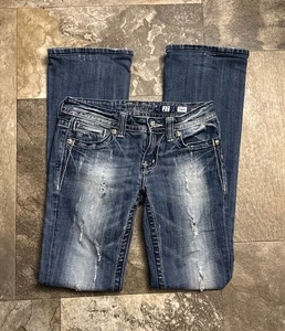 MISS ME Boot Leg Stretch Jeans Sz 27 -(28 x 32) jewels bling PEACE distressed - Picture 1 of 8
