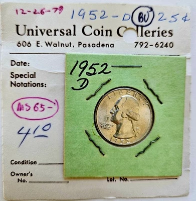 1952-D Washington Quarter ~ BU/MS65 ~ 90% Silver - Image 1 of 4