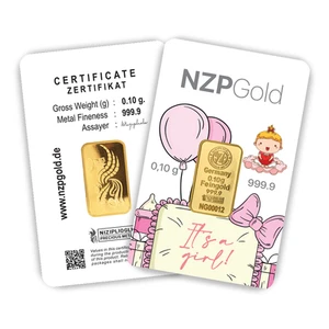 Lingotes de oro 0,1 g gramos, It is Girl - NZP Gold Germany - regalo de nacimiento niña NUEVO - Imagen 1 de 3