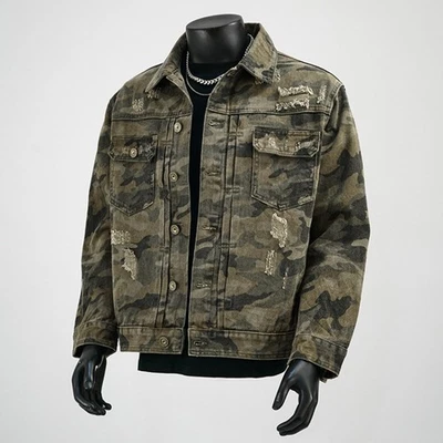 Mens Western Vintage Camouflage Denim Jacket Button Jean Coat Ripped Workwear - Image 1 of 4