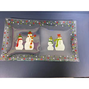 NEW Pampered Chef Snowmen-Dots Divided Platter Glass Christmas Plate #3012 Scarf - Picture 1 of 12