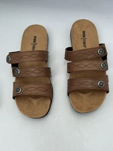 Minnetonka Women's Leather Brown Slip-on 3 Straps Sandal Suede Footbed Sz 10 - Picture 1 of 6