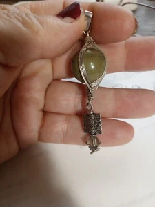 Vintage Long Artisan Pendant Sterling Silver Dangle Jasper Green Orb - Picture 1 of 3