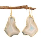 Natural Handmade Agate Slice Yellow Gold Electroplated Drop Dangle Earring Pairs