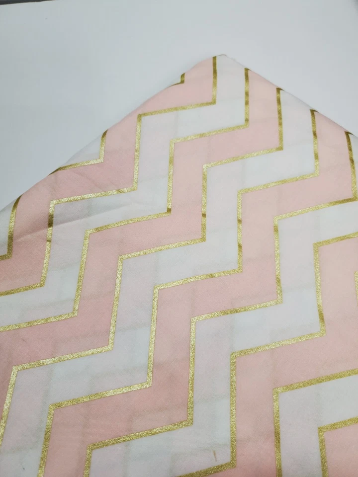 Michael Miller Fabric Metallic Gold Pink Chevron Cotton White Sew Holiday 1 YARD - Image 1 of 1