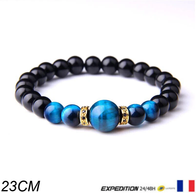 Bracelet perle oeil de tigre bleu Johnny Hallyday "Rester Vivant" doré - 23 cm - Photo 1/3