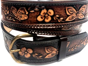 Cinturón para mujer marrón mariposa, 100 % cuero genuino, 1 1/2" de ancho vendedor y hecho en EE. UU. - Imagen 1 de 4