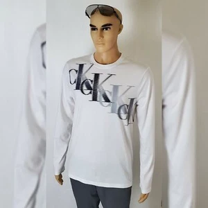 CALVIN KLEIN LONG SLEEVE TSHIRT MEN'S REGULAR FIT DIAGONAL CK LOGO PRINT WHITE  - Picture 1 of 6