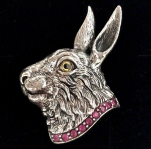 Antique Victorian style Sterling Silver Ruby Hare Rabbit animal Brooch Pendant - Picture 1 of 12