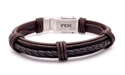 Pulseira masculina INOX aço inoxidável e couro marrom 8,5" - Imagem 1 de 4