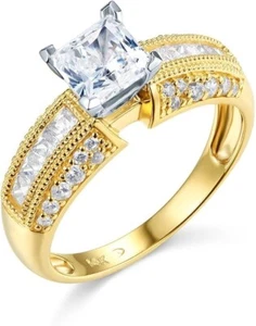 Anillo de boda de compromiso milgrain de corte redondo princesa de 2,25 quilates de oro amarillo real de 14 quilates - Imagen 1 de 3