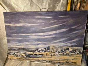Vintage Oil on Canvas, Nautical rowboat beached Original work by B. Dah;im 1967 - Picture 1 of 17