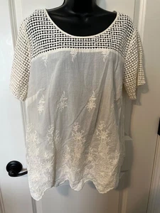 MERONA XL COTTON TOP SHIRT IVORY WHITE EMBROIDERED LACE TUNIC BLOUSE VACA - Picture 1 of 6