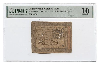 FR. PA-165 1 de octubre de 1773 2 chelines, 6 peniques moneda colonial de Pensilvania PMG V Foto 1 de 2