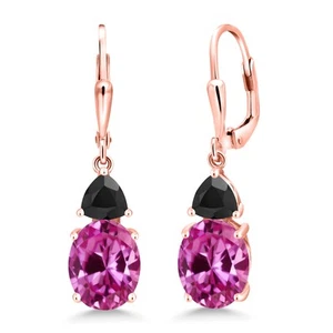 18K Rose Gold Plated Silver Pink Created Sapphire and Onyx Dangle Earrings For - Picture 1 of 4