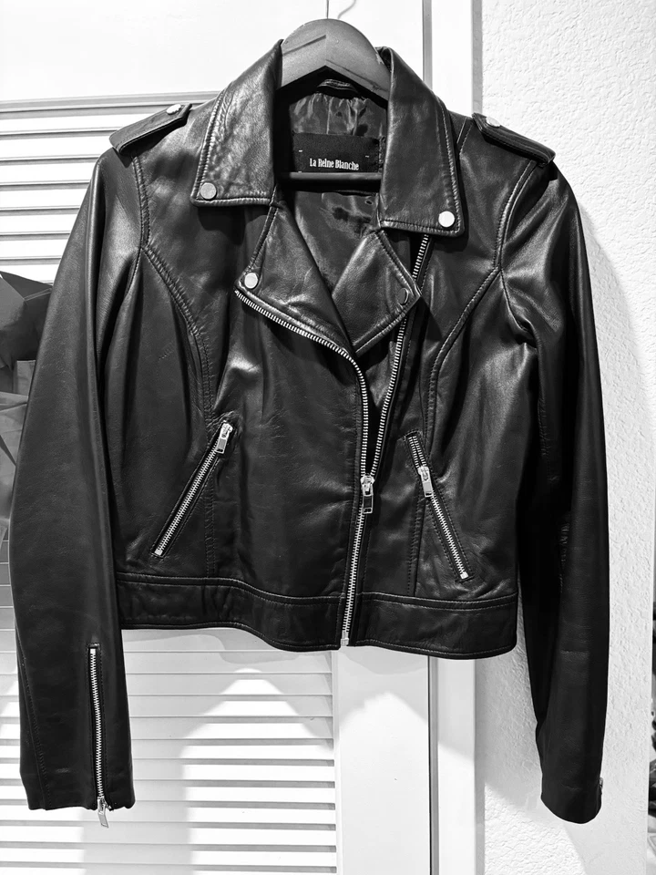 Chaqueta de moto de cuero genuino para mujer, talla M, negra, cuero muy suave Foto 1 de 4