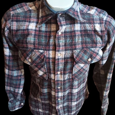 Small Vintage Plaid WoolFlannel Shirt Quilted Collar Lining 1970's Lumberjack - Image 1 of 4