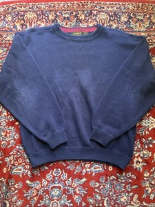 Vintage 90s Eddie Bauer Mens Sweater Cotton Navy Blue Knit Crewneck Large - Picture 1 of 6