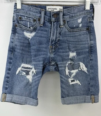Pantalones Cortos de Denim Abercrombie Niños Azul Medio Rasgado Lavado Dobladillo Enrollado Talla 7/8 Foto 1 de 2