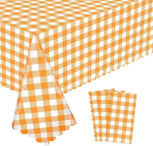 3 Pack Orange Gingham Tablecloth, 54 X 108Inch Plastic 3 Pack, - Picture 1 of 7