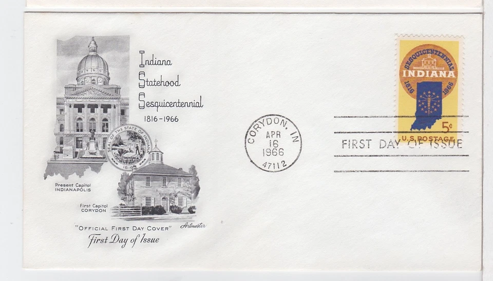 TurtlesTradingPost- Indiana Statehood #1308- 1966 FDC Artmaster Cachet - Image 1 of 1