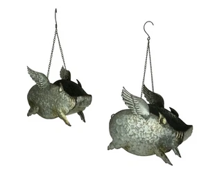 Distressed Galvanized Metal Flying Pig Hanging Planter Set of 2 - Indoor Outdoor - Picture 1 of 3