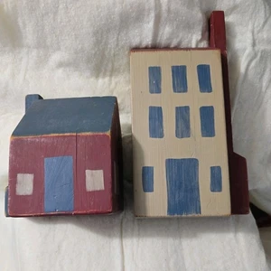 Folk Art Rustic Wooden Houses Hand Painted 2 pieces 7" & 11" tall - Picture 1 of 14