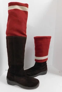 Bally Brown Suede Leather Red White Stripe Knit Sheep Shearling Lined sz 40 - Picture 1 of 6