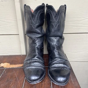 LUCCHESE 2000 Black Ostrich Leather Cowboy Boots Mens Sz 9 2E Style T0076C2 - Picture 1 of 9