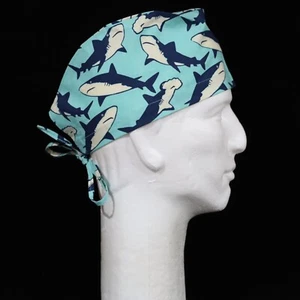 Shark on Teal Background Theme Scrub Hat - Picture 1 of 1