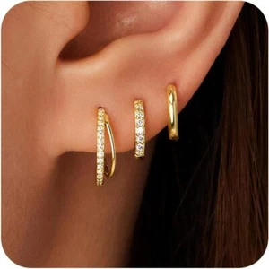 Gold Hoop Earrings Set Dainty Sterling Multiple Piercing Hypoallergenic Jewelry - Picture 1 of 6