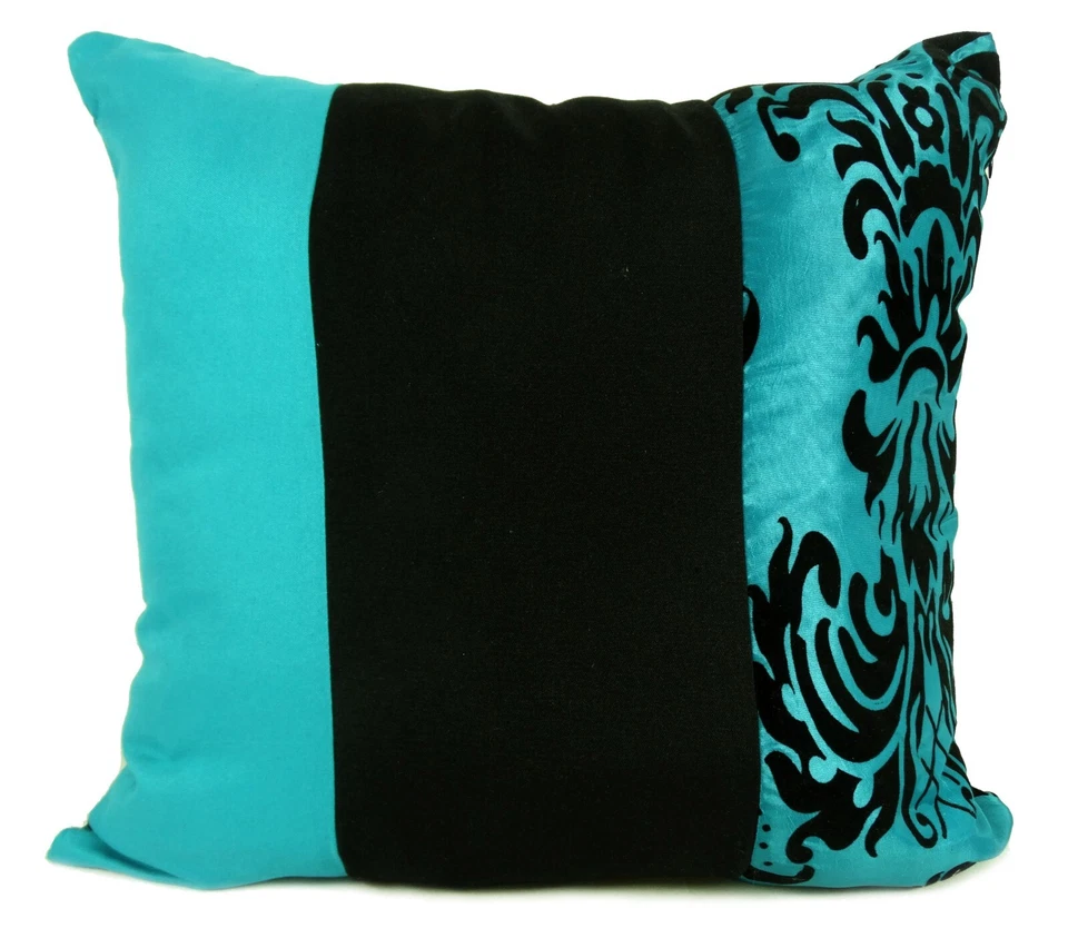 Set of 4 Large Flock Damask Cushions Filled 21x21 Black Teal Blue Sofa Decor Cov - Image 1 of 2