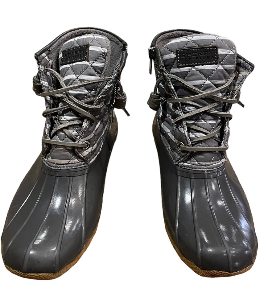 Sperry Top-Sider Women’s 6.5 Waterproof Duck Boots Gray Stripe Top Gray Bottom - Image 1 of 4