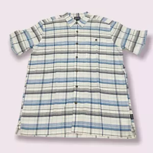 Patagonia Button Up Shirt Mens Size L Organic Cotton Stripe Short Sleeve Blue - Picture 1 of 3