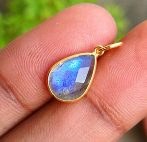 18K Solid Gold Labradorite Gemstone Charm Handmade Necklace Pendant - Picture 1 of 4